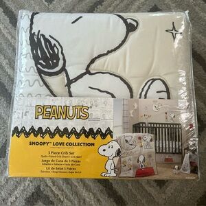NWT Lambs & Ivy Snoopy 3 Piece Crib Set Quilt Sheet and Skirt
